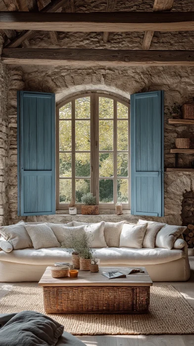 Luxury French Stone Farmhouse Living Room