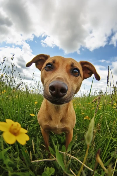 Fisheye Dog in Meadow