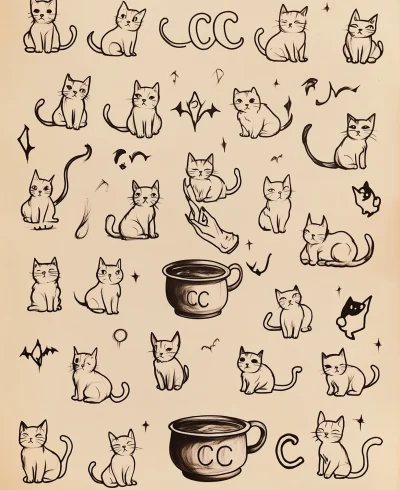 Witch’s Cat Tattoo Flash Sheet