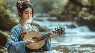 Woman Playing Guqin in Nature