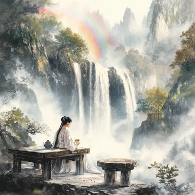 Majestic Waterfall with Rainbow