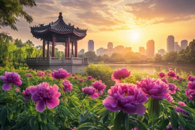 Blooming Peonies and Pavilion