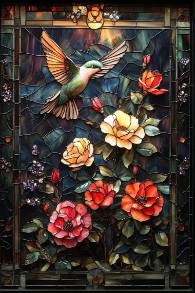 Hummingbirds and Roses Stained Glass
