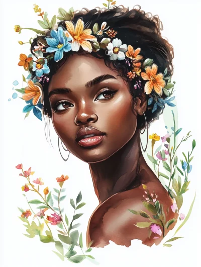 Watercolor African Woman with Flowers