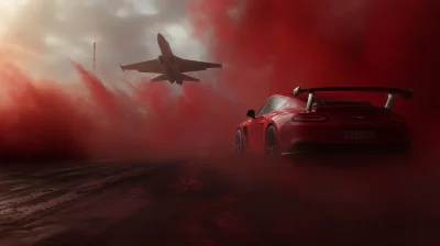 Luxury Car Racing with Fighter Airplane