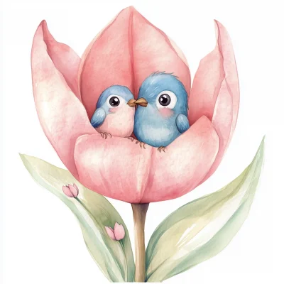 Watercolor Tulip with Birds