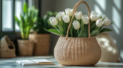 Minimalistic Straw Bag and Tulips