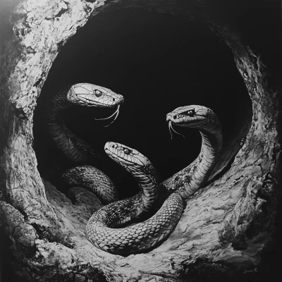 Snakes Emerging from a Giant Hole