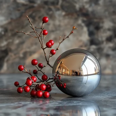 Reflective Silver Orb with Berries