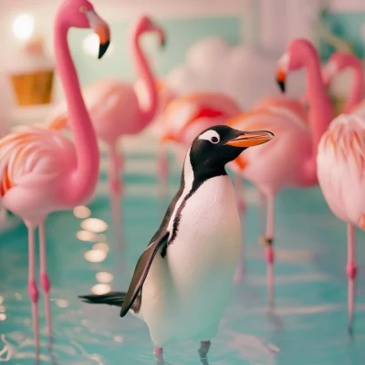 Penguin at a Flamingo Party