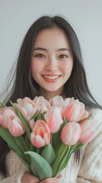 Smiling Kazakh Girl with Tulips