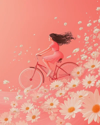 Girl Riding Bicycle with Daisy Wheels