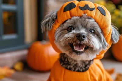 Cute Dog in Pumpkin Costume