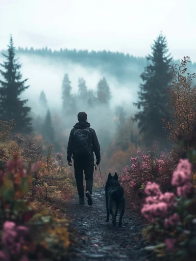 Man Walking Dog in Scenic Landscape