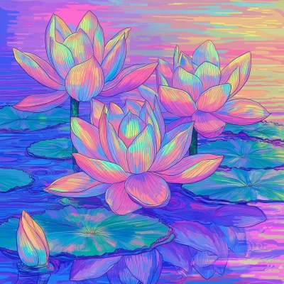 Vaporwave Lotus and Water Lilies