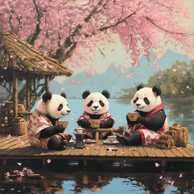 Pandas Having Tea Under Cherry Blossoms