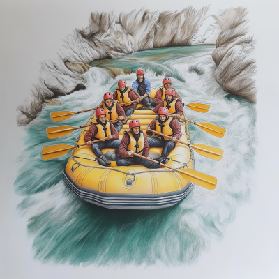 Rafting Team on Mountain River