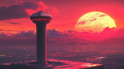 Futuristic Airport Tower at Sunset
