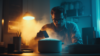 Man with Rice Pot and Smartphone