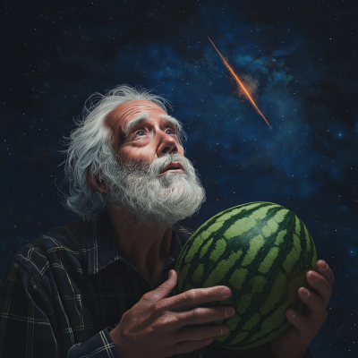 Old Man with Watermelon Under Night Sky
