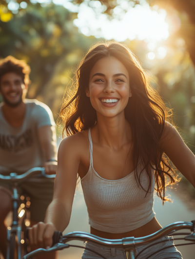 Couple laughing while biking