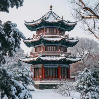 Traditional Chinese Tower in Snow