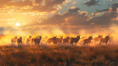 Saiga Antelope Herd at Sunset