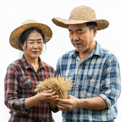 Asian Farmers Holding Rice Wheat