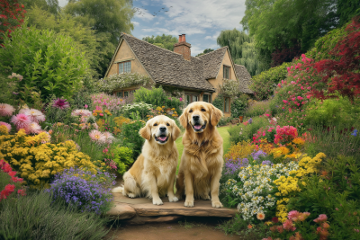 Golden Retrievers in an English Garden