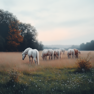 Herd of White Horses Grazing