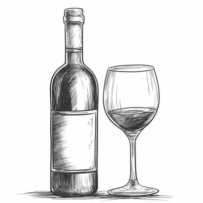 Line Drawing of Wine Bottle and Glass