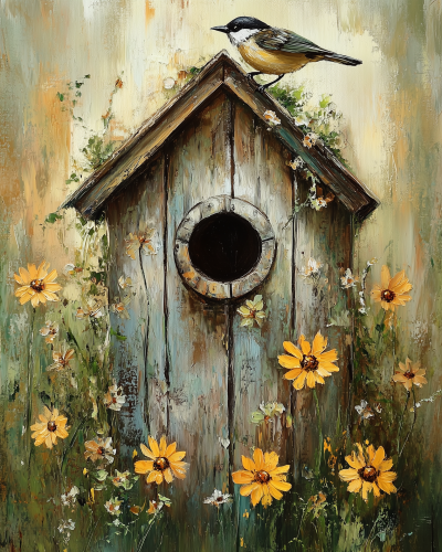 Birdhouse with Wildflowers