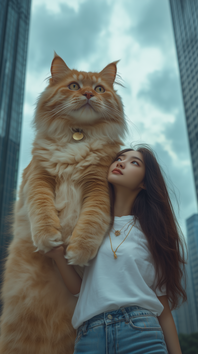 Giant Orange Cat with Asian Girl