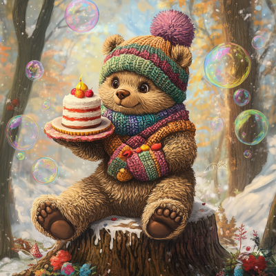 Bear with Cake and Bubbles