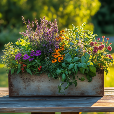 Colorful Herb Planter in Garden