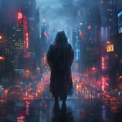 Hooded Figure in Futuristic City