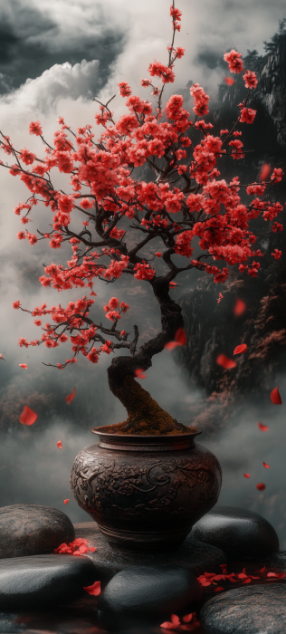 Blossoming Cherry Tree in Japanese Village