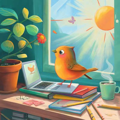 Cheerful Robin with Books