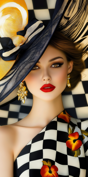 Elegant Woman in Checkered Background