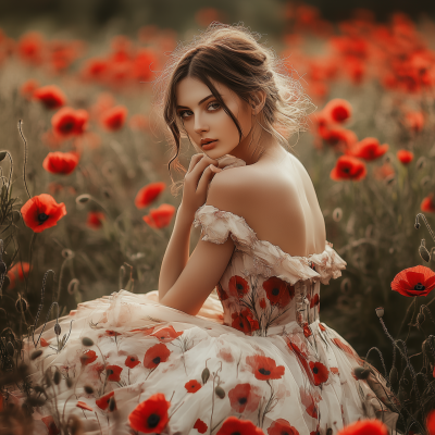 Young Woman in Red Poppies Dress
