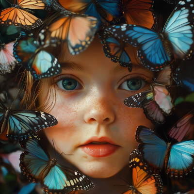 Little Girl Surrounded by Butterflies