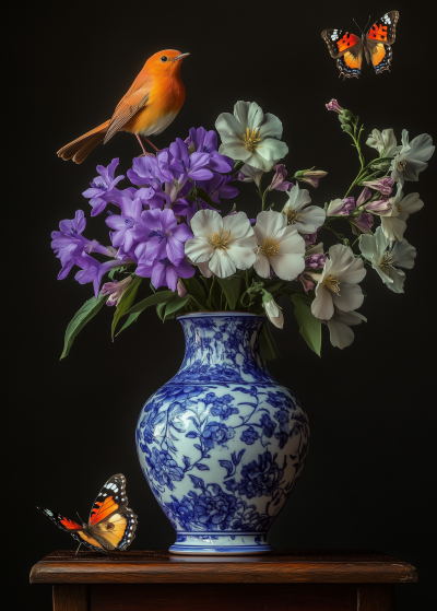 Ceramic Vase with Flowers and Bird
