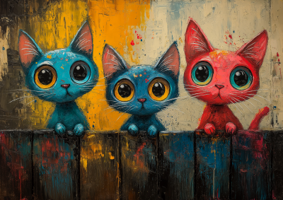 Whimsical Cats on a Fence