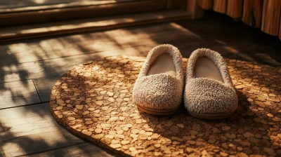 Plush Organic Slippers on Cork Mat