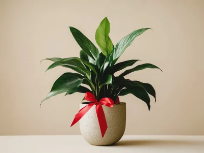 Lush Green Plant with Red Ribbon