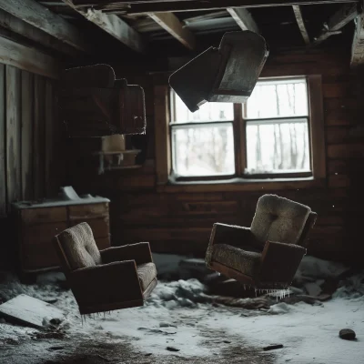 Floating Furniture in Winter Cabin