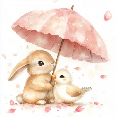 Bunny and Chick Under Parasole