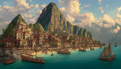 Coastal City with Machu Picchu