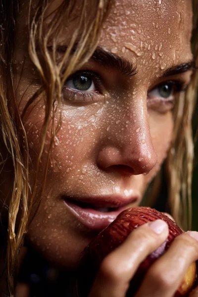 Blonde Woman Eating Apple in Rain