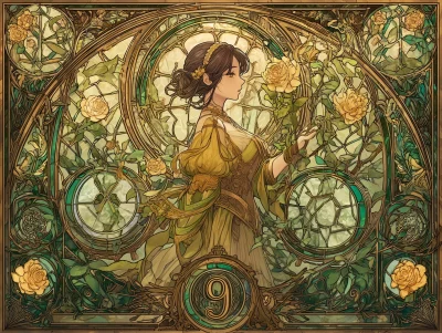 Nine of Pentacles in Stained Glass
